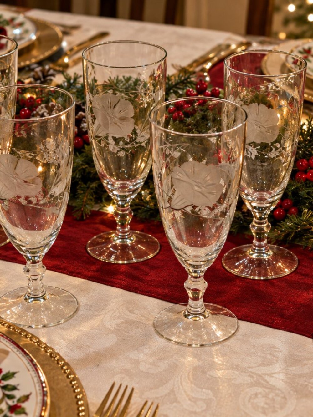 Vintage McBride Crystal Etched Floral & Leaf Wine Glasses Ball Stem